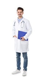 Photo of Young medical student with clipboard on white background