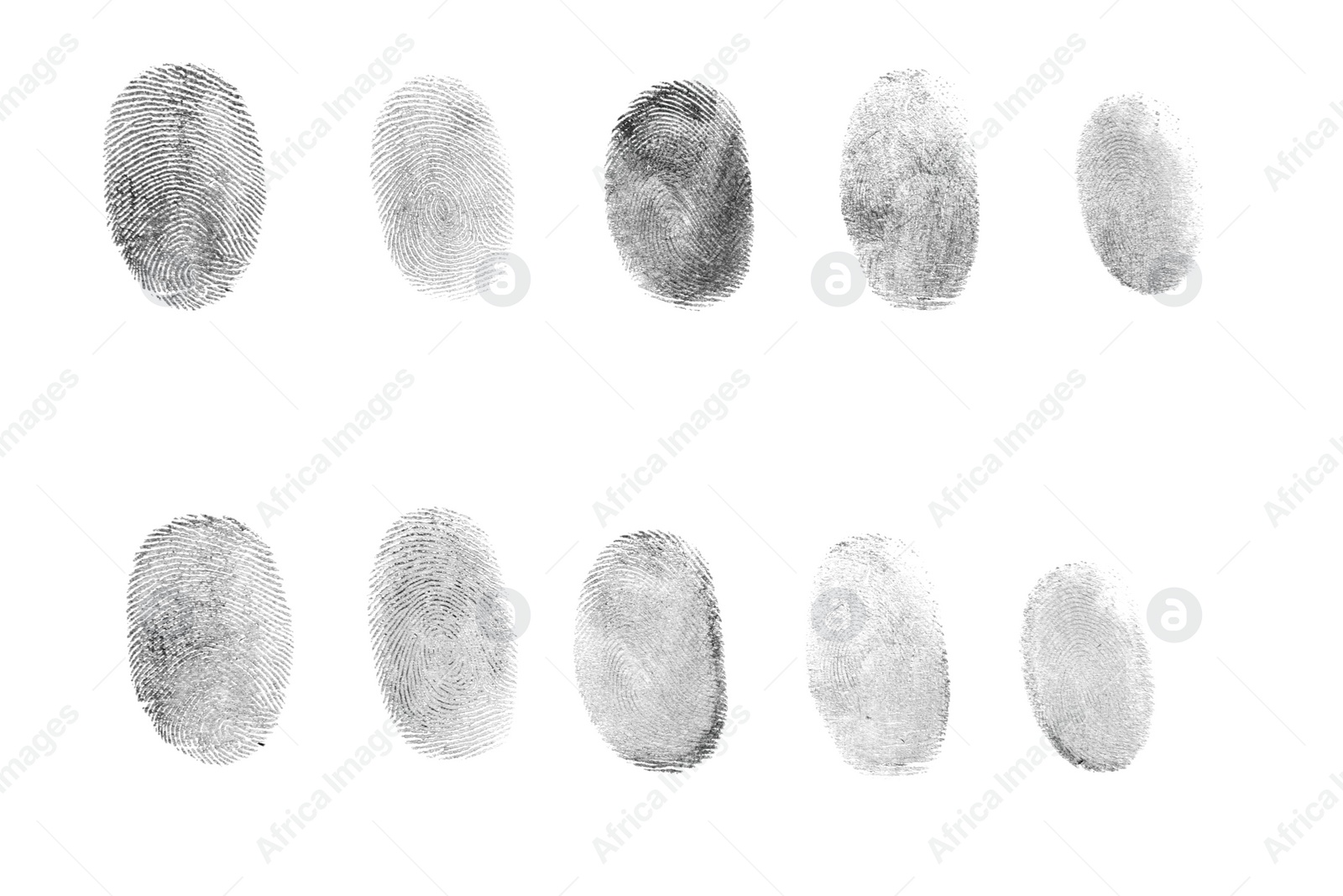 Photo of Many black fingerprints made with ink on white background, top view