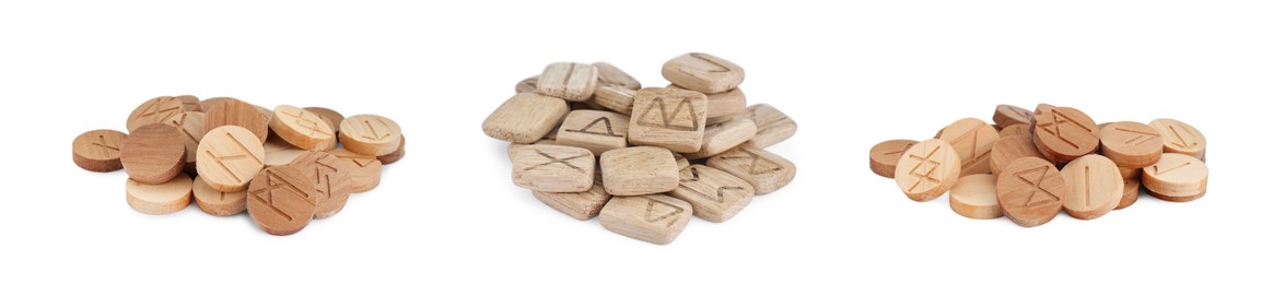 Image of Collage with sets of wooden runes on white background. Divination tool
