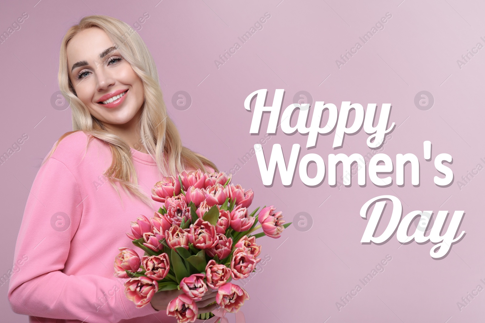 Image of Happy Women's Day - March 8. Attractive lady with bouquet of tulips on dusty pink background