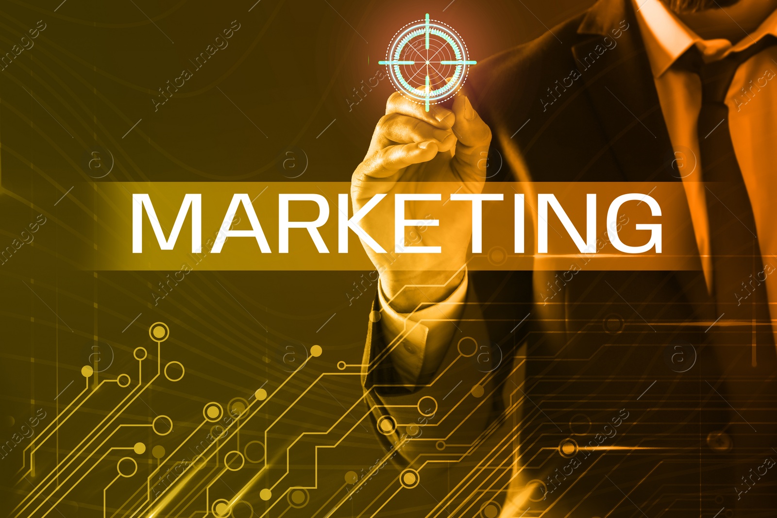 Image of Marketing concept. Businessman pointing at target on digital screen against color background, closeup