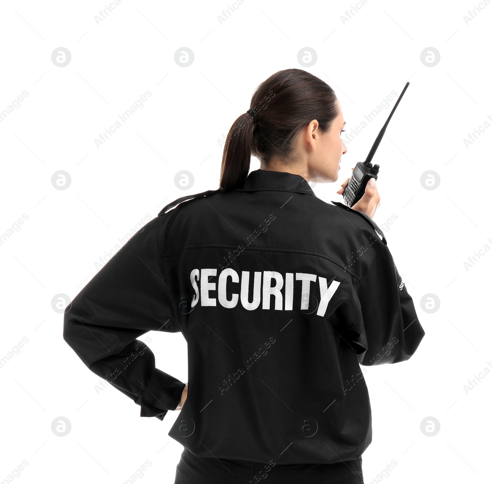 Photo of Female security guard using portable radio transmitter on white background