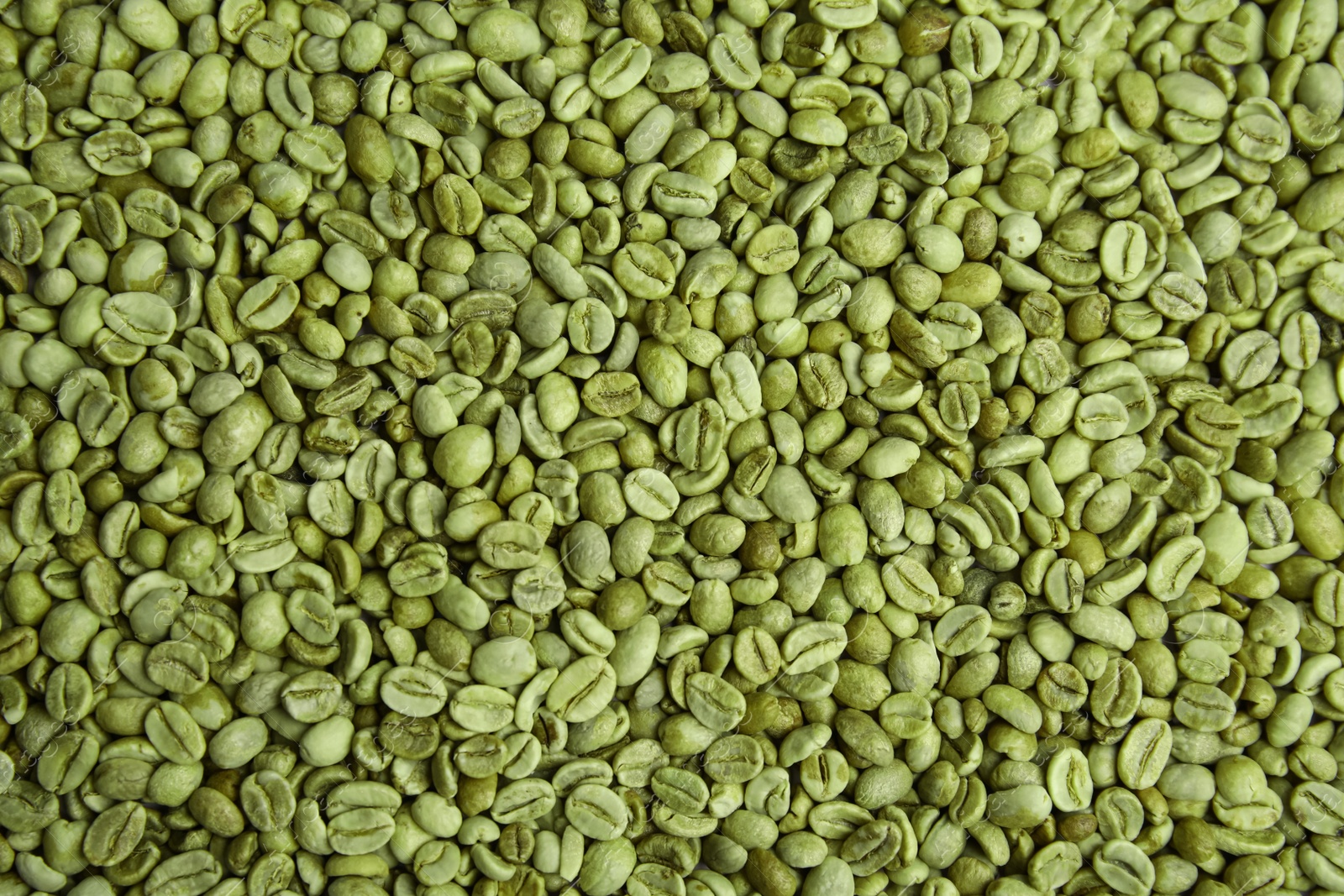 Photo of Pile of green coffee beans as background, closeup
