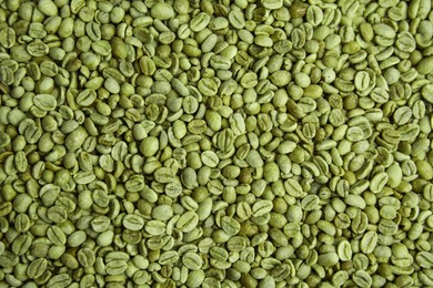 Photo of Pile of green coffee beans as background, closeup