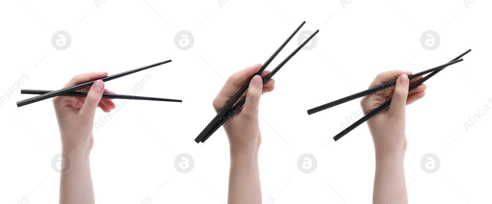 Image of Woman holding chopsticks isolated on white, closeup. Collage with photos