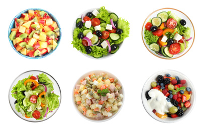 Image of Set with different salads on white background, top view