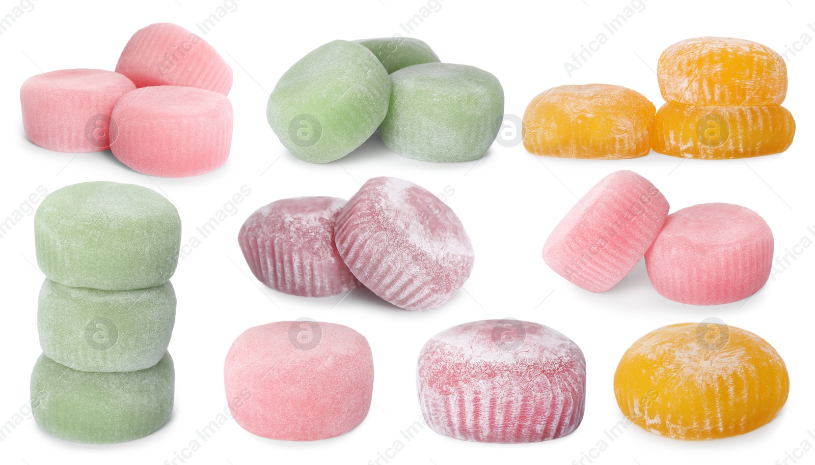 Image of Different delicious mochi isolated on white, set