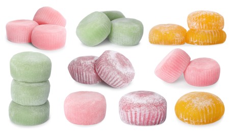 Image of Different delicious mochi isolated on white, set
