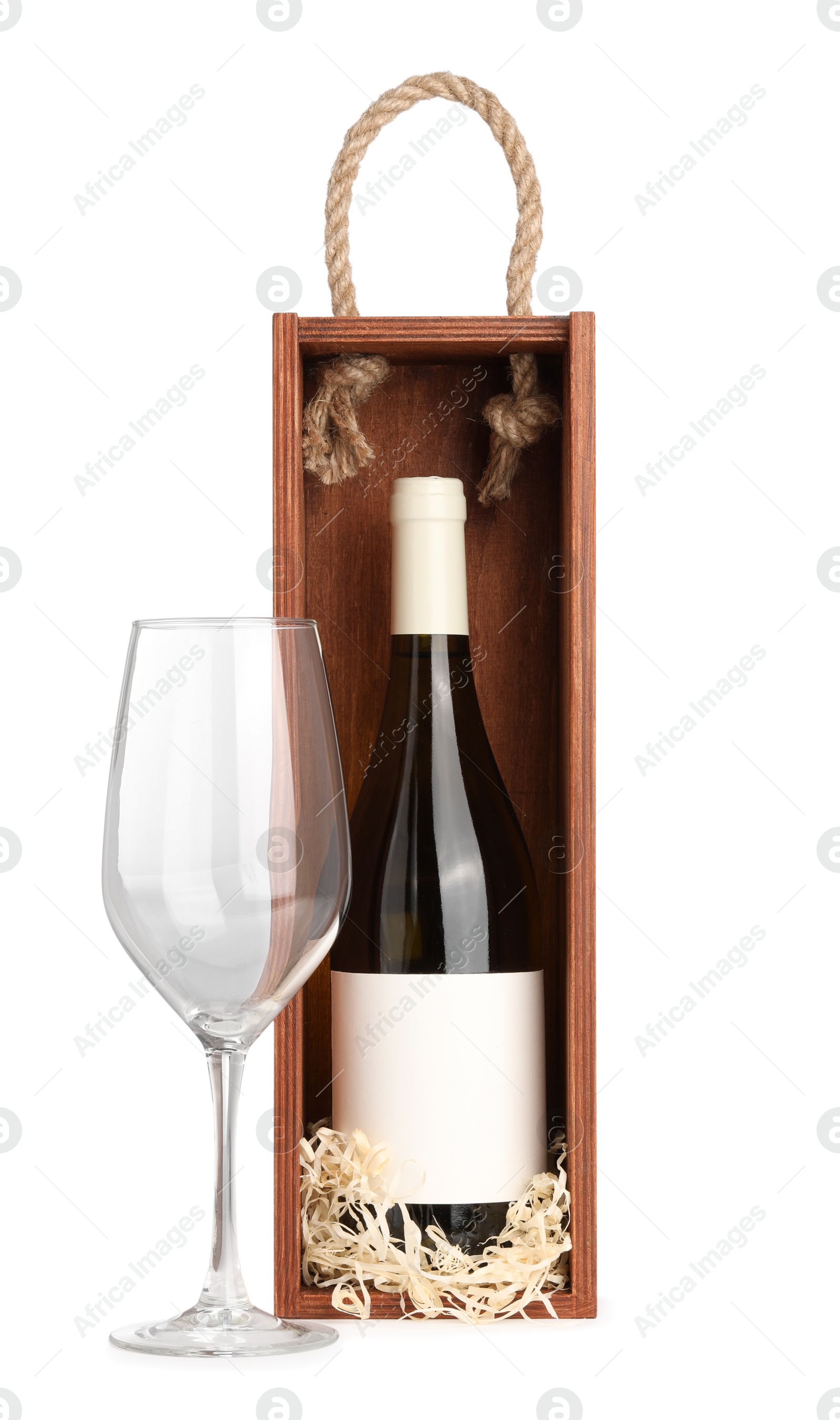 Photo of Wooden gift box with wine and glass isolated on white