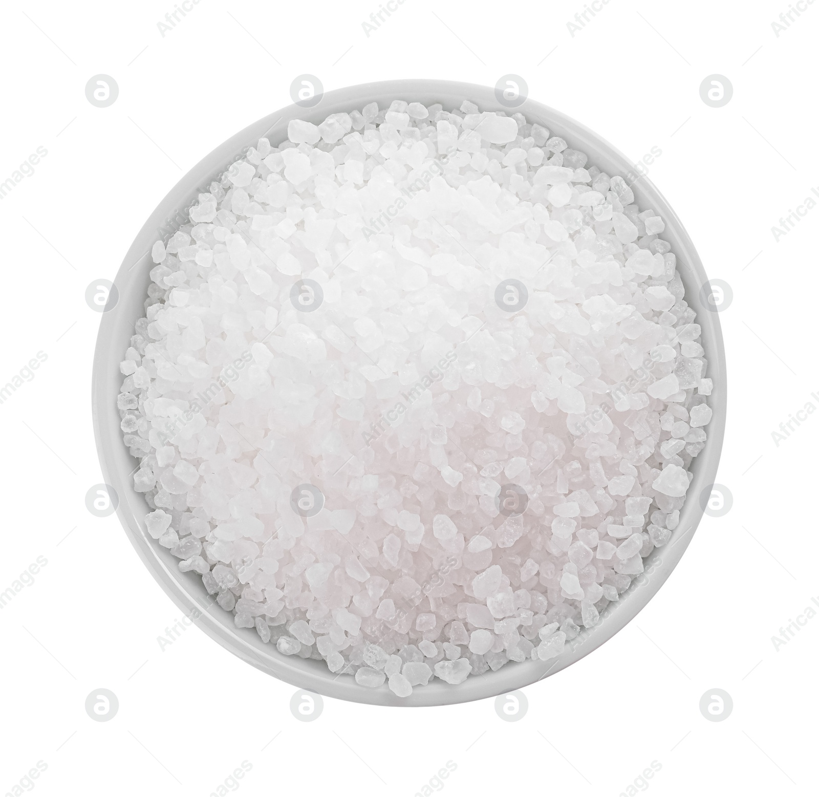 Photo of Bowl with natural sea salt isolated on white, top view