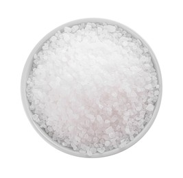 Photo of Bowl with natural sea salt isolated on white, top view
