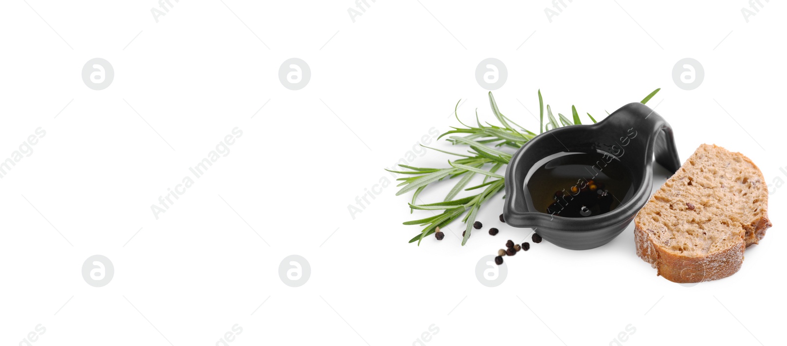 Image of Balsamic vinegar with oil, spices and bread slice on white background, space for text. Banner design