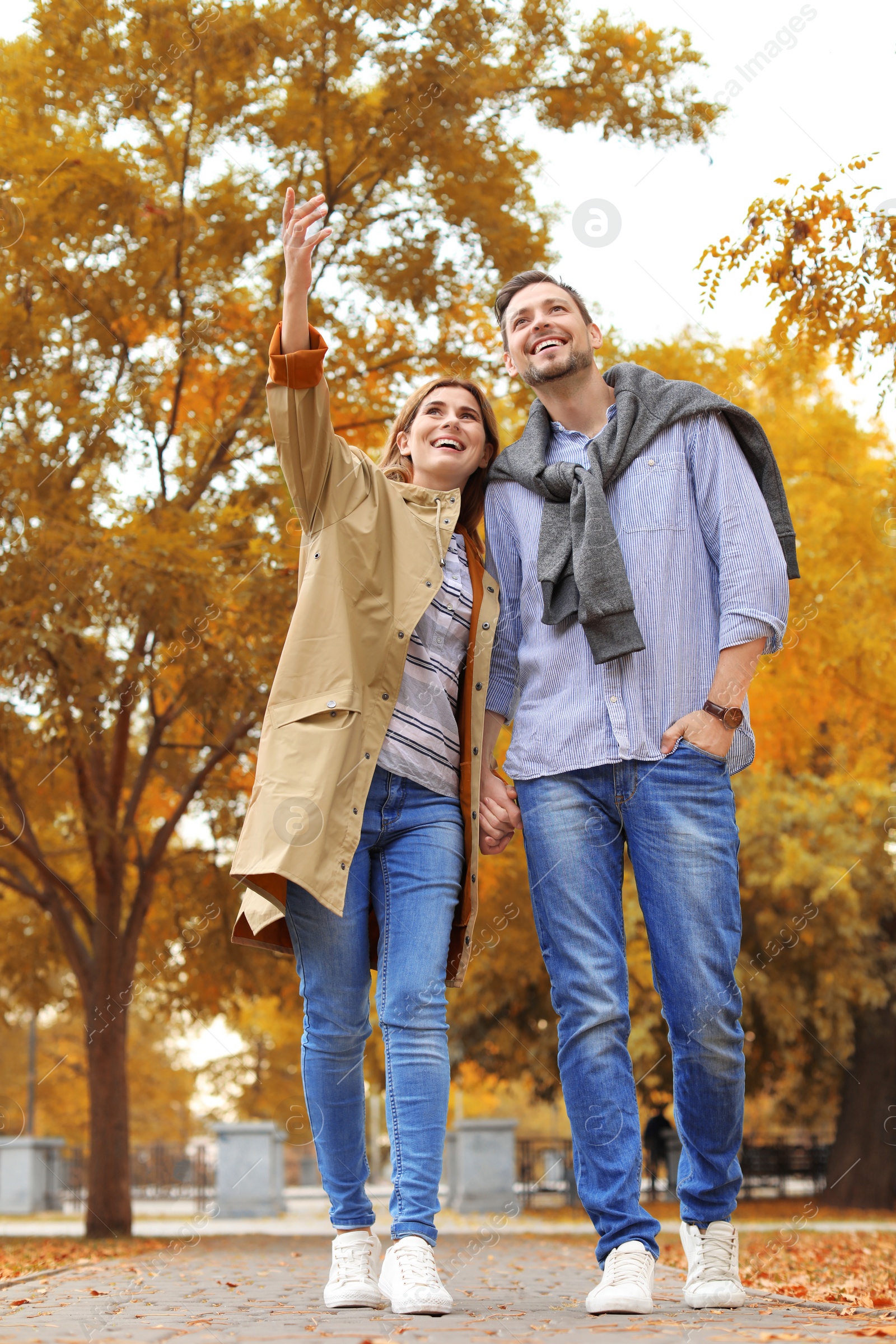 Photo of Lovely couple spending time together in park. Autumn walk