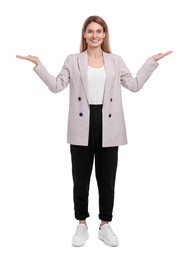 Photo of Beautiful happy businesswoman welcoming on white background