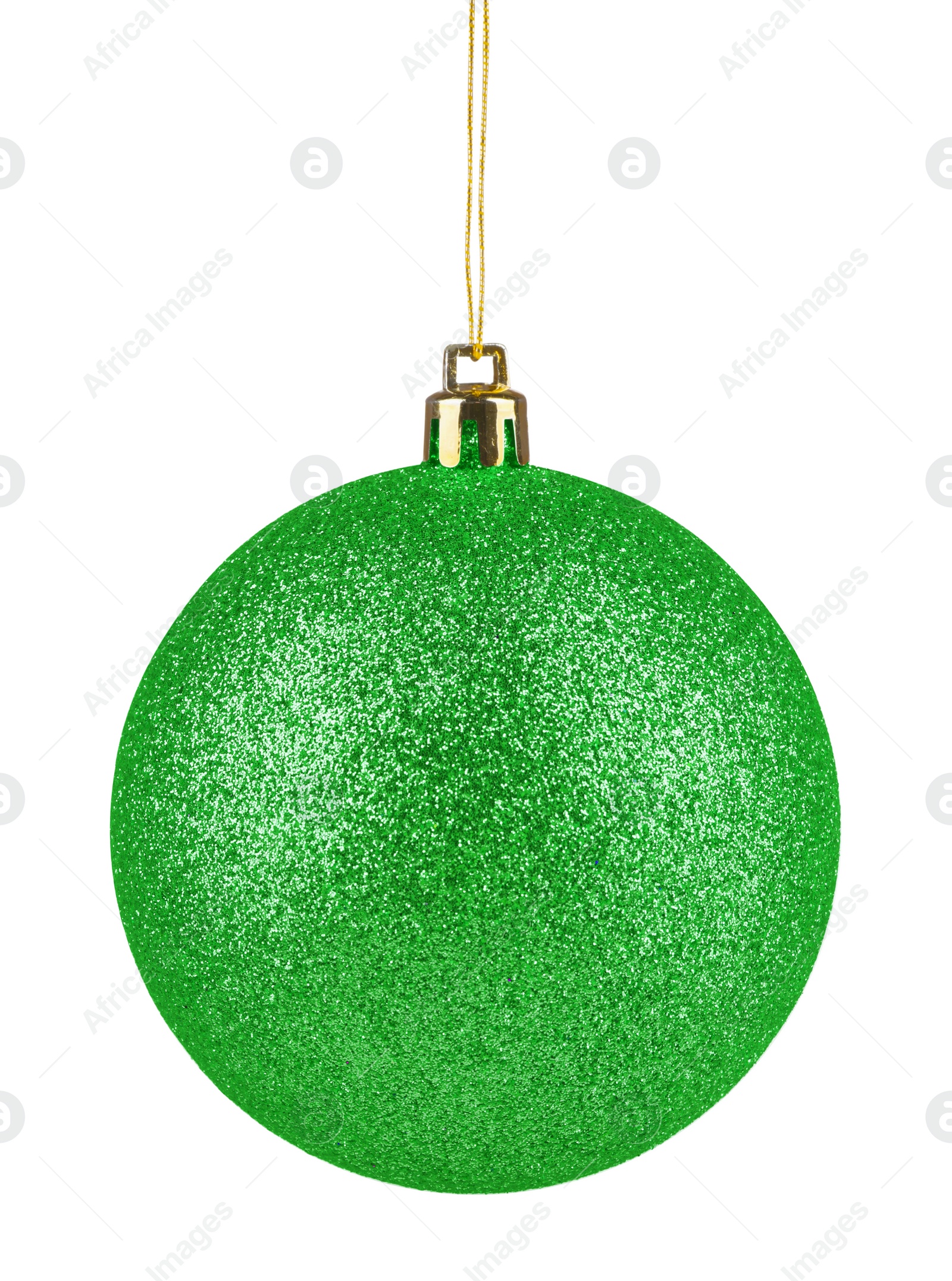 Image of Green Christmas ball hanging on white background