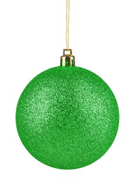 Image of Green Christmas ball hanging on white background