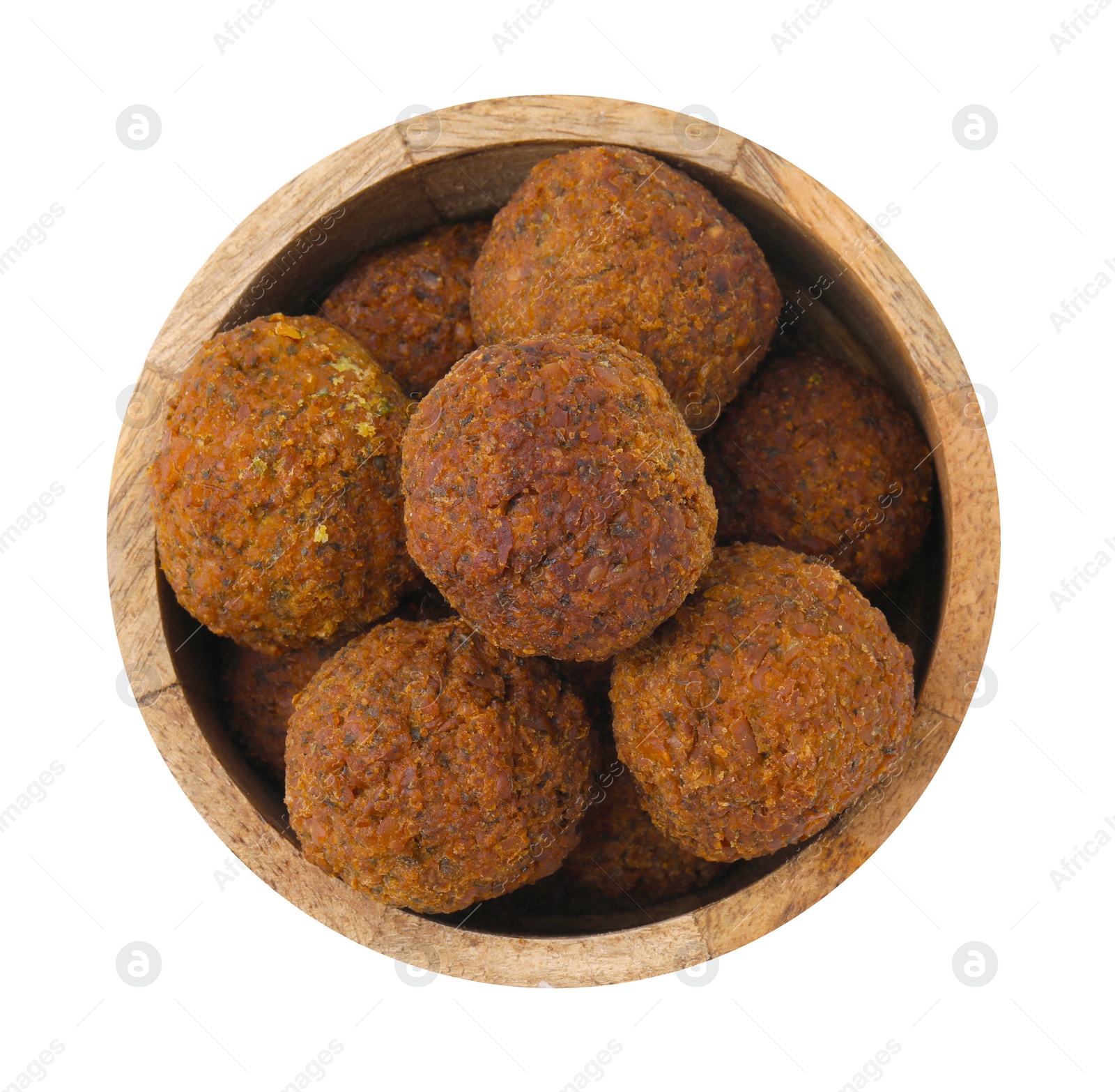 Photo of Delicious falafel balls in bowl isolated on white, top view