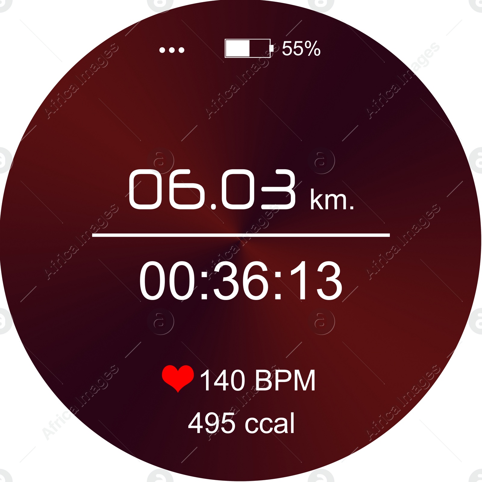 Illustration of Smart watch displaying time interval, distance, heart rate and burnt calories amount in fitness monitor app