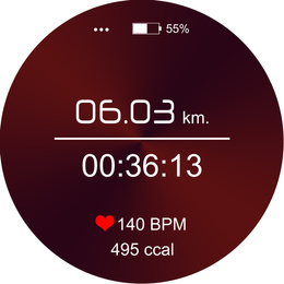 Illustration of Smart watch displaying time interval, distance, heart rate and burnt calories amount in fitness monitor app