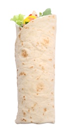 Photo of Delicious meat tortilla wrap isolated on white, top view