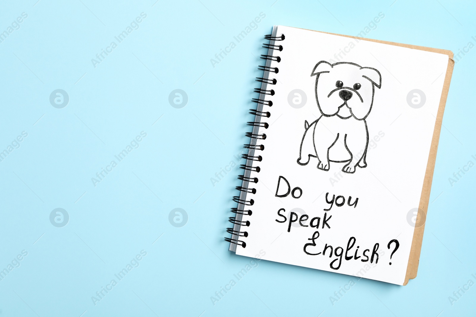 Photo of Notebook with question Do You Speak English on light blue background, top view. Space for text