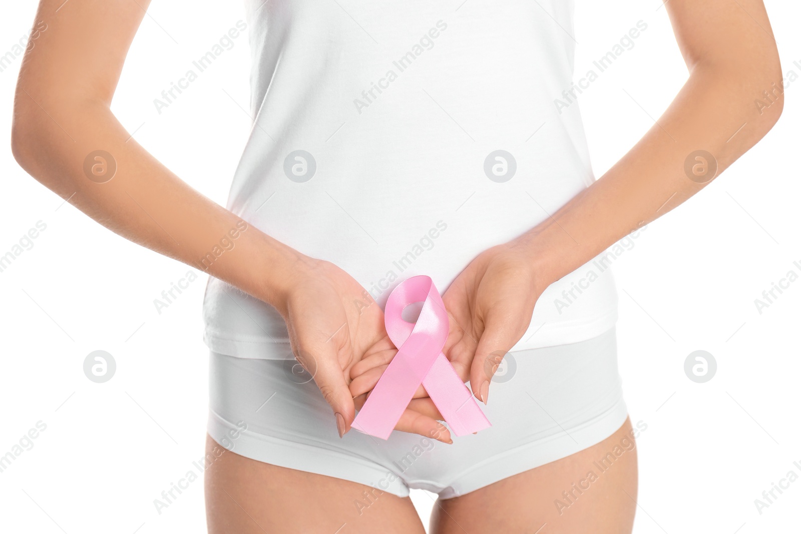 Photo of Young woman with pink ribbon on white background. Gynecology