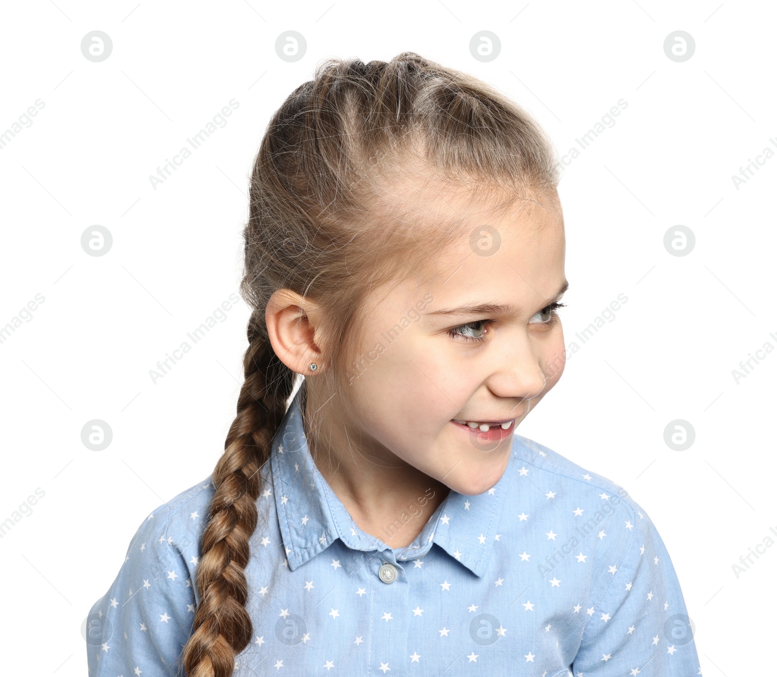 Photo of Cute little girl with braided hair on white background