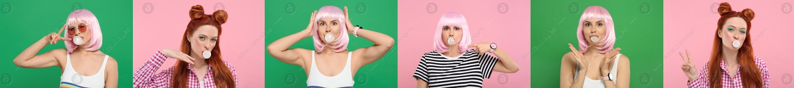 Image of Women blowing bubble gums on color backgrounds, set of photos