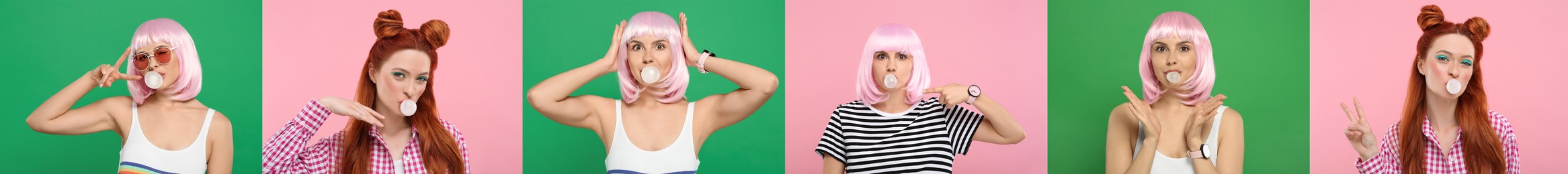 Women blowing bubble gums on color backgrounds, set of photos