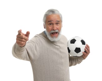 Photo of Emotional senior sports fan with soccer ball isolated on white