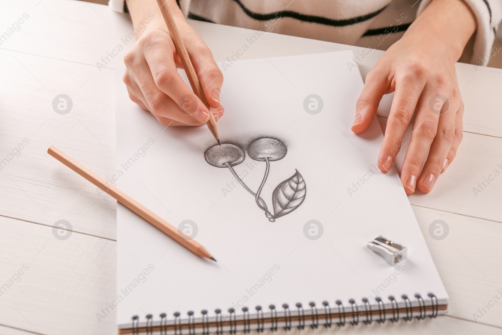 Photo of Woman drawing cherries with graphite pencil in sketchbook at white wooden table, closeup