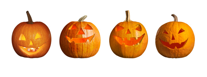 Image of Set of halloween pumpkin head jack lanterns on white background. Banner design 