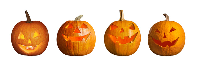 Set of halloween pumpkin head jack lanterns on white background. Banner design 