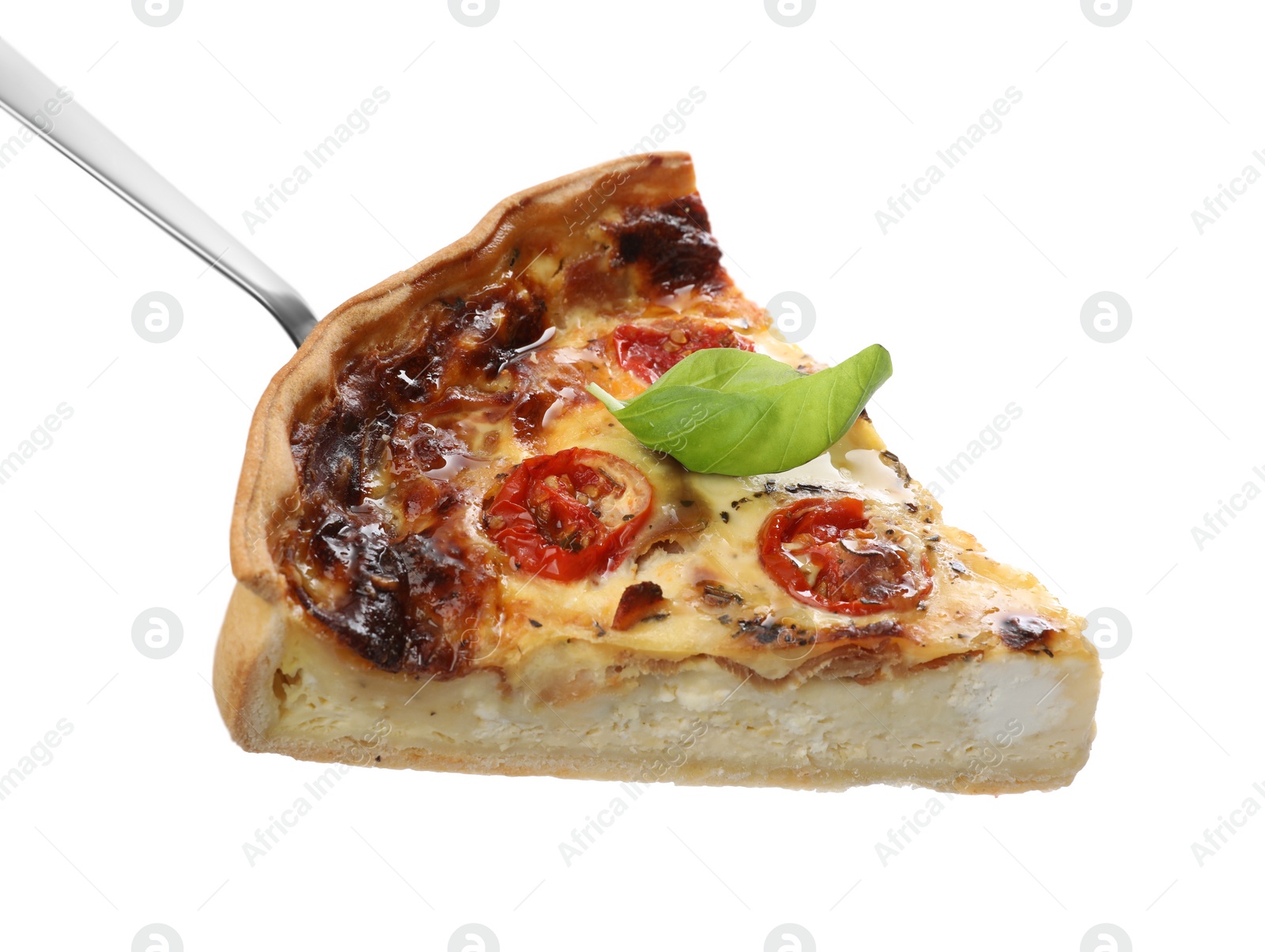Photo of Server and piece of delicious homemade quiche with prosciutto isolated on white