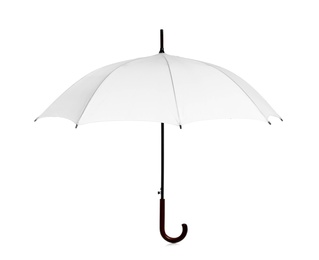 Photo of Beautiful open umbrella on white background