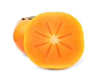 Whole and cut delicious ripe juicy persimmons on white background