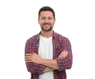 Happy man with crossed arms on white background