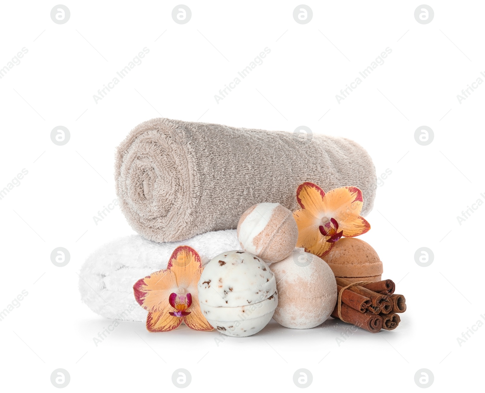 Photo of Composition with bath bombs isolated on white