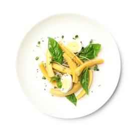 Photo of Delicious fresh carrot salad with basil and egg isolated on white, top view