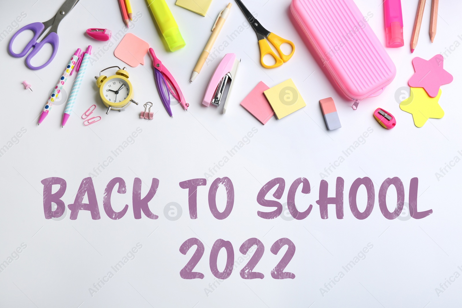 Image of Back to school 2022. Different stationery on white background, flat lay