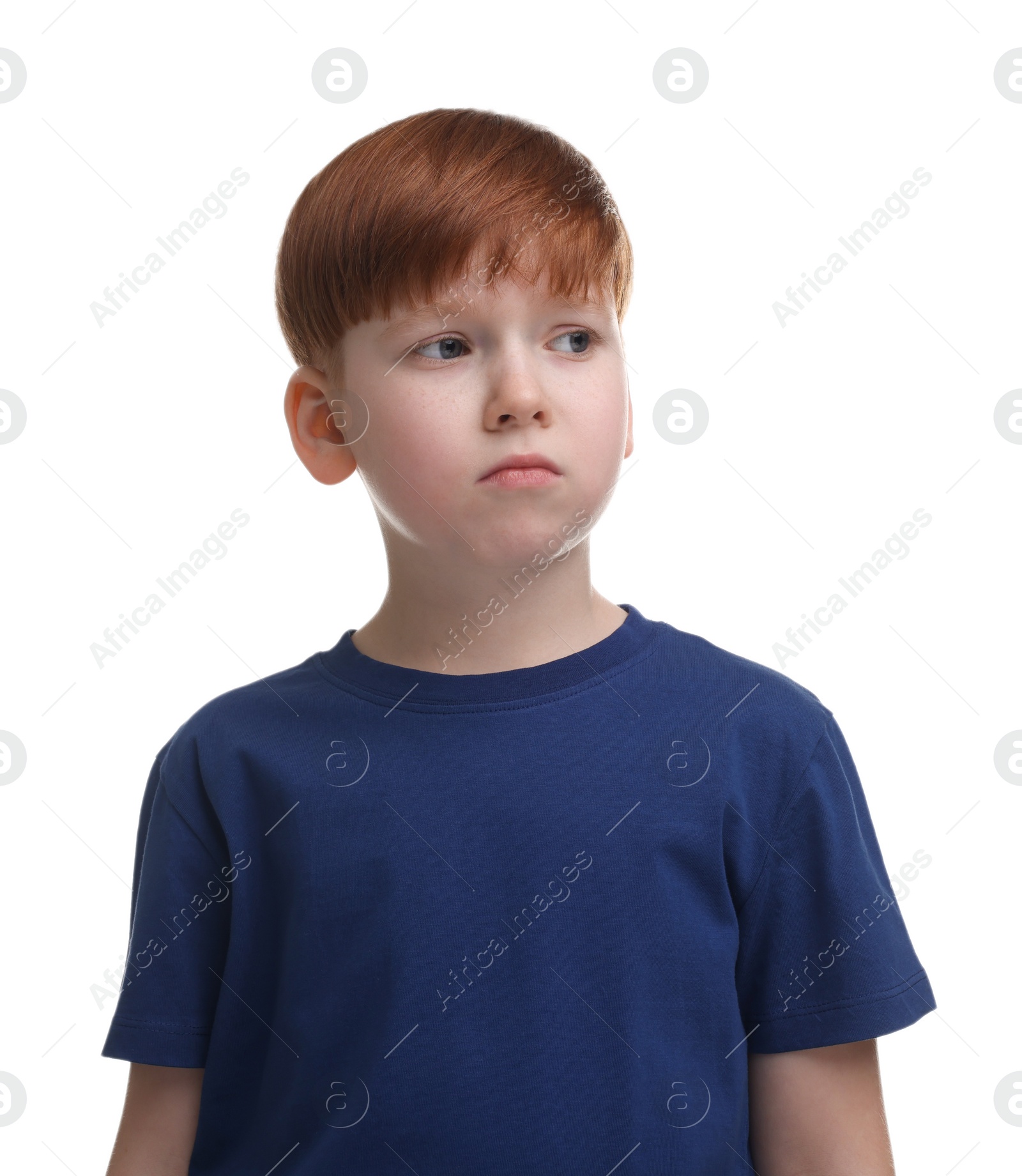 Photo of Portrait of sad little boy on white background