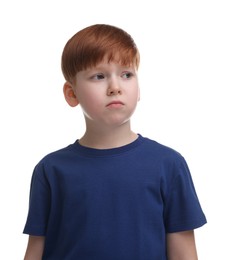 Portrait of sad little boy on white background