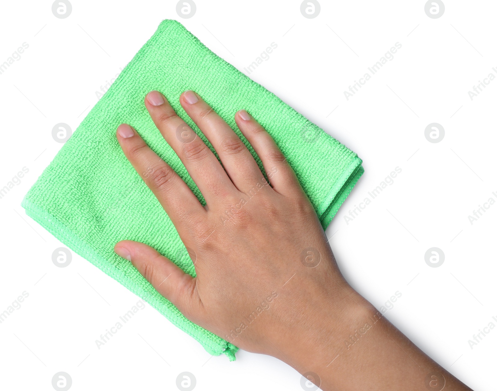 Photo of Woman with microfiber cloth on white background, closeup