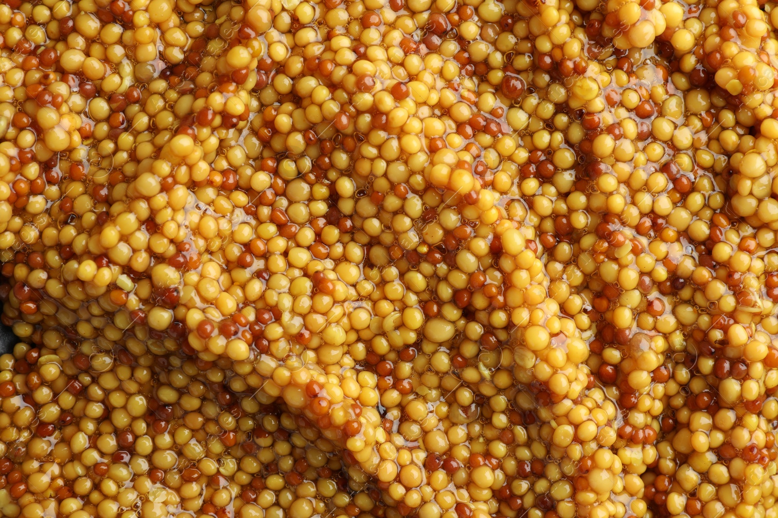 Photo of Whole grain mustard as background, top view