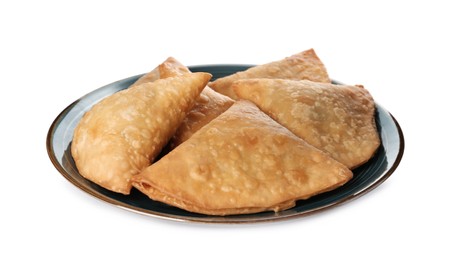 Photo of Fresh delicious crispy samosas on white background