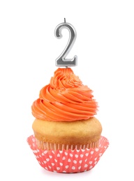 Birthday cupcake with number two candle on white background