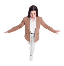 Photo of Beautiful young businesswoman on white background, above view