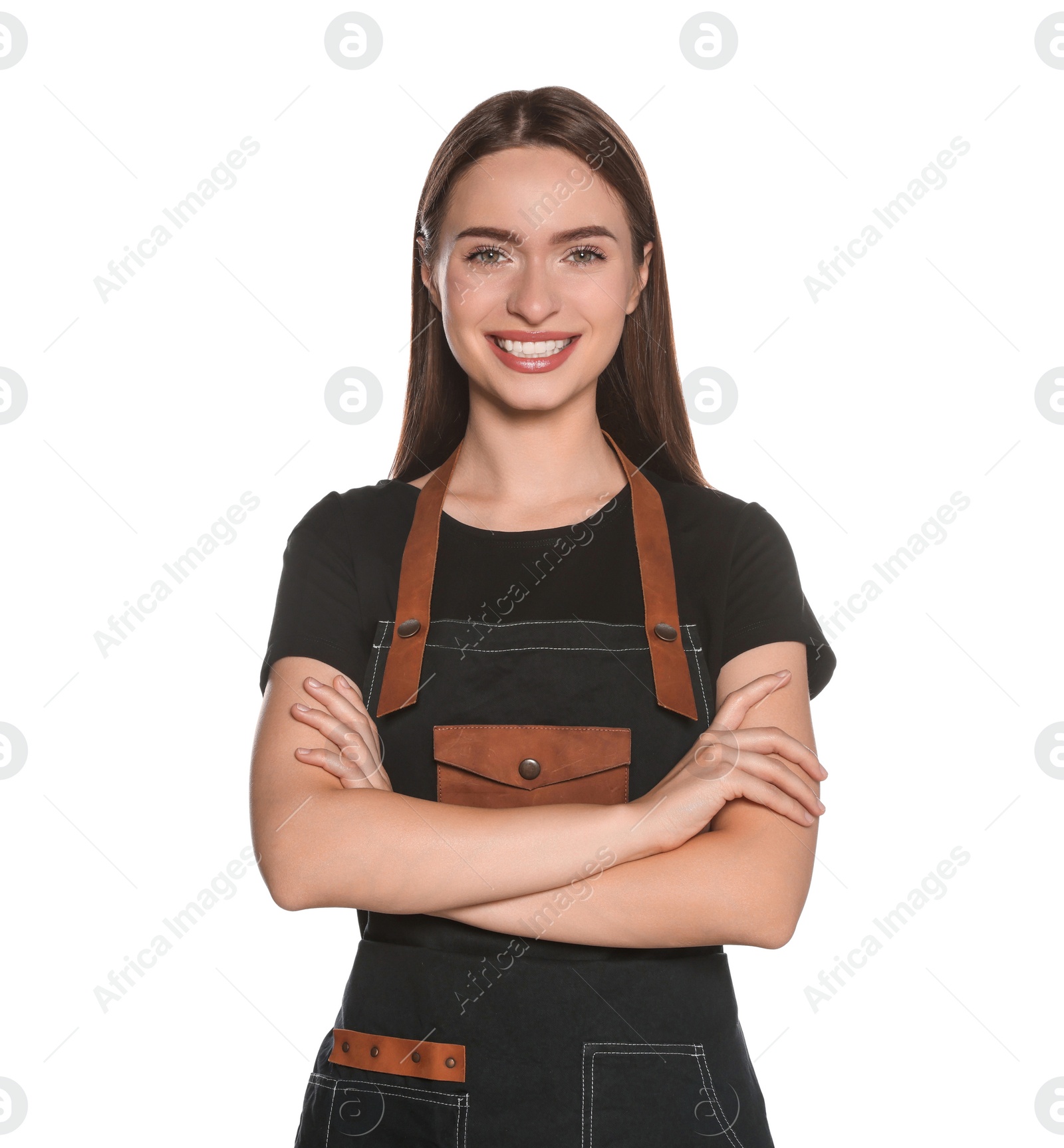 Photo of Portrait of happy hairdresser on white background