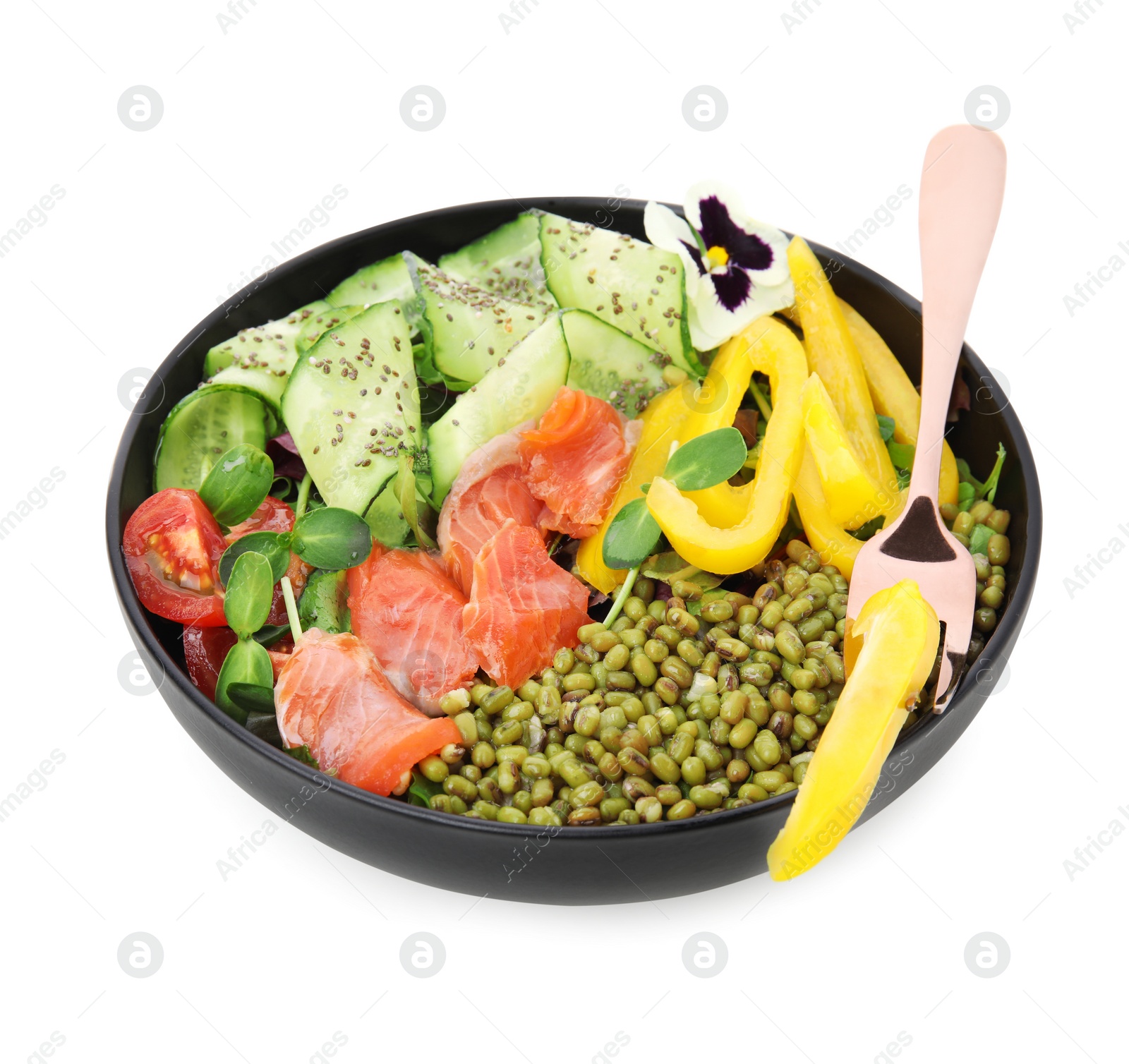 Photo of Bowl of salad with mung beans isolated on white