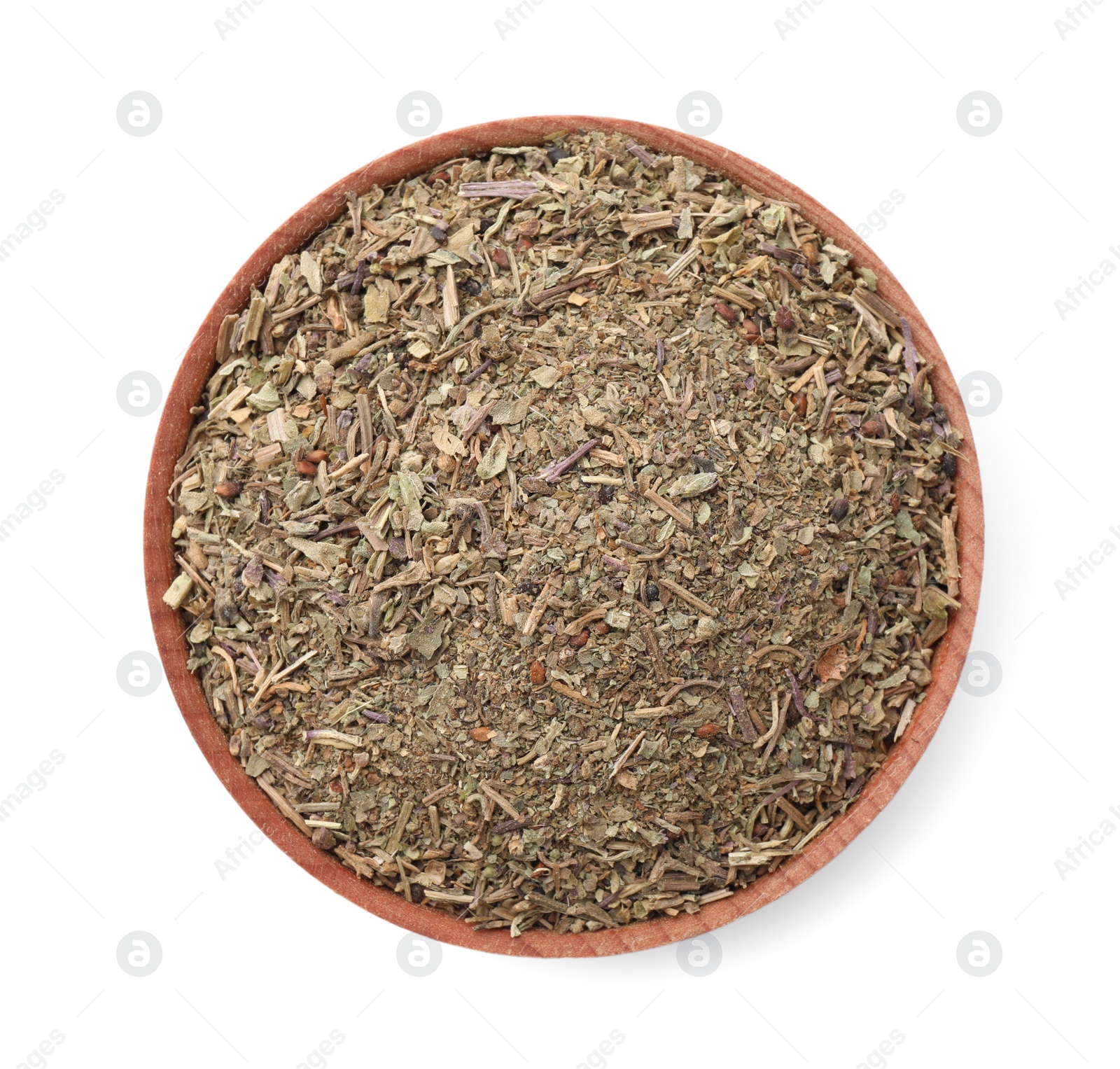 Photo of Bowl with dried thyme isolated on white, top view